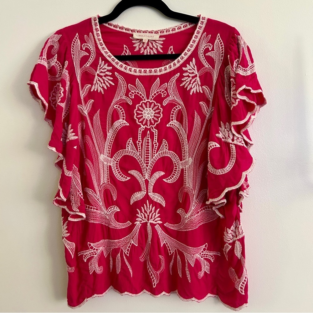 Solitaire Fuchsia Bohemian Embroidered Blouse (Anthropologie)